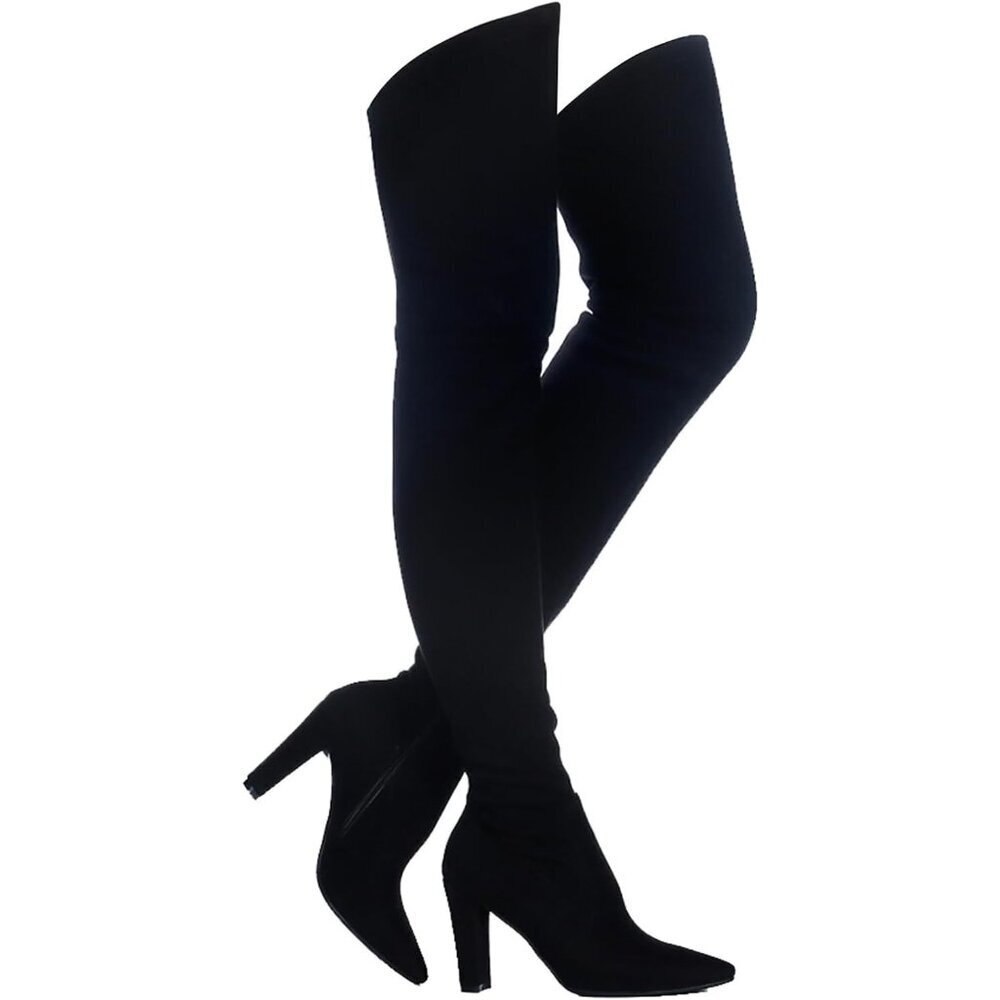 Women Suede Black Stretch Thigh High Over The Knee Chunky Heel Pointed Toe Boots